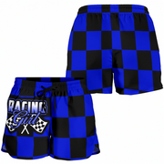 Custom personalized women's blue racing shorts featuring a bold royal blue and black checkerboard flag design for trackside motorsports fans.