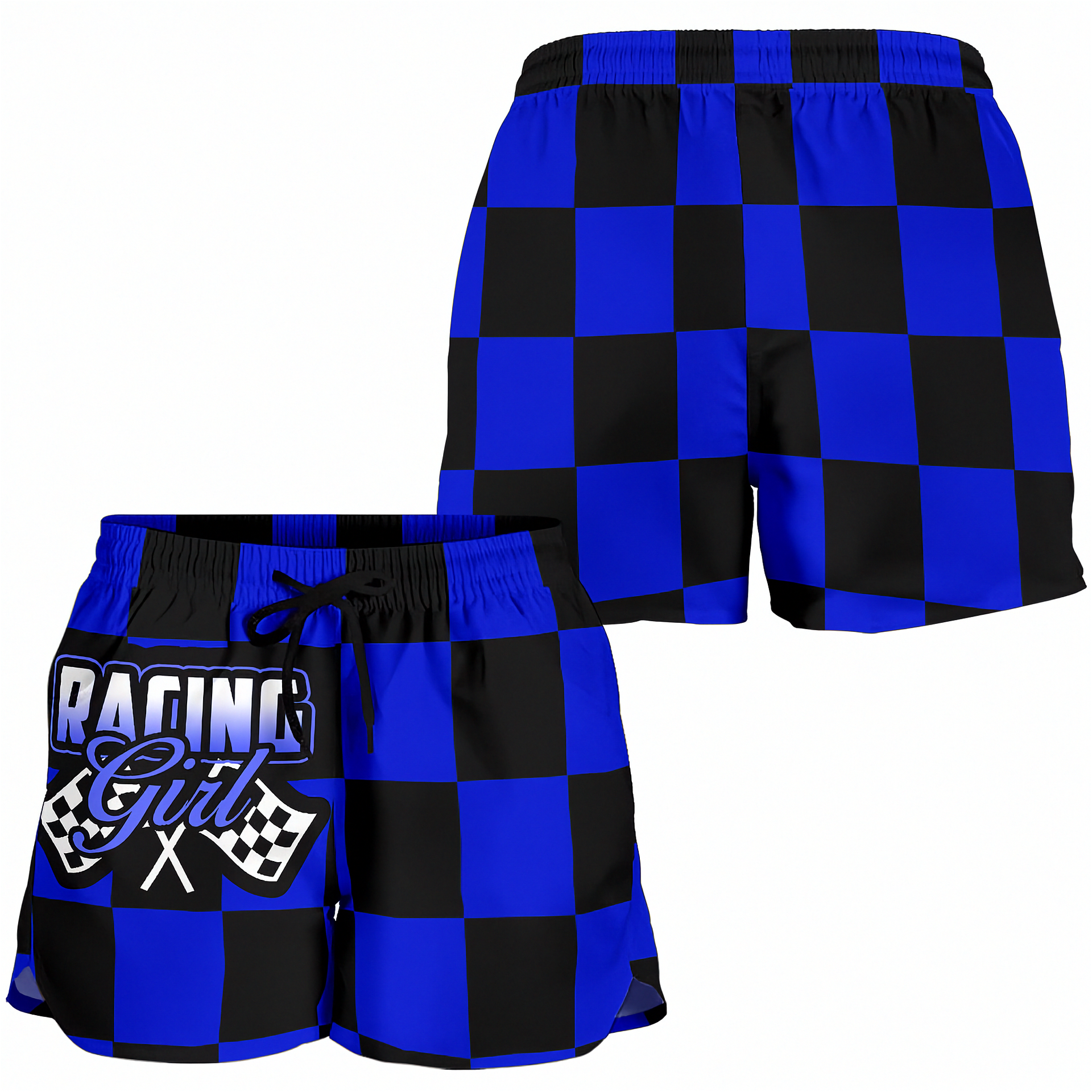 Custom personalized women's blue racing shorts featuring a bold royal blue and black checkerboard flag design for trackside motorsports fans.