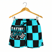Custom personalized women's Carolina blue racing shorts featuring a light blue and black checkered flag design for trackside motorsports fans.