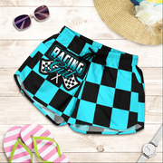 Custom personalized women's Carolina blue racing shorts featuring a light blue and black checkered flag design for trackside motorsports fans.