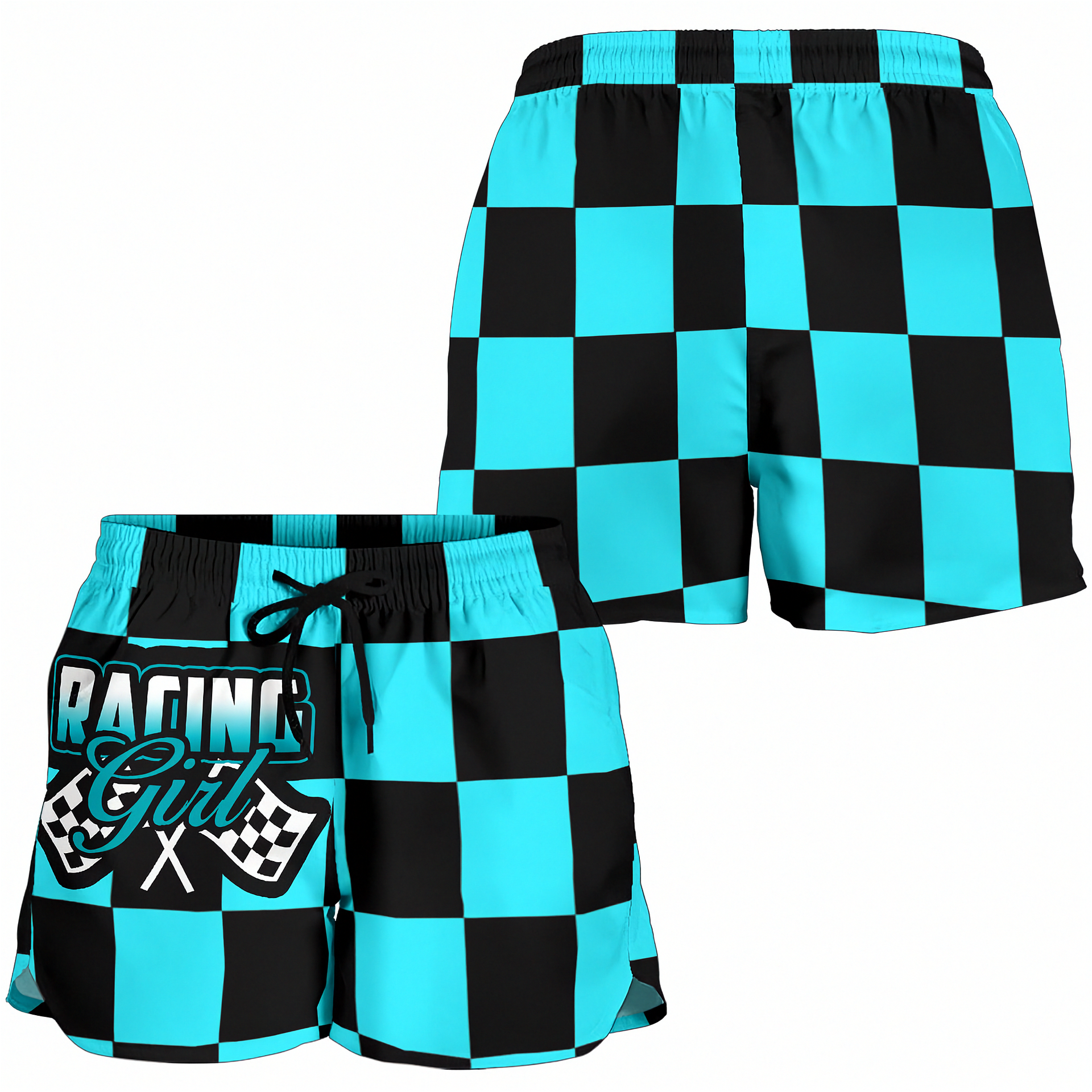 Custom personalized women's Carolina blue racing shorts featuring a light blue and black checkered flag design for trackside motorsports fans.