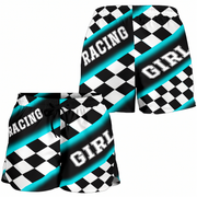 Custom personalized women's Carolina blue racing shorts featuring a light blue and black checkered flag design for trackside motorsports fans.