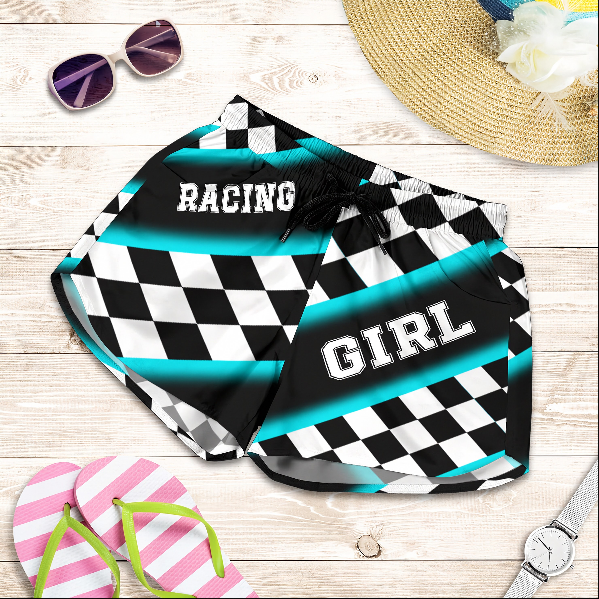 Custom personalized women's Carolina blue racing shorts featuring a light blue and black checkered flag design for trackside motorsports fans.