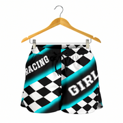 Custom personalized women's Carolina blue racing shorts featuring a light blue and black checkered flag design for trackside motorsports fans.