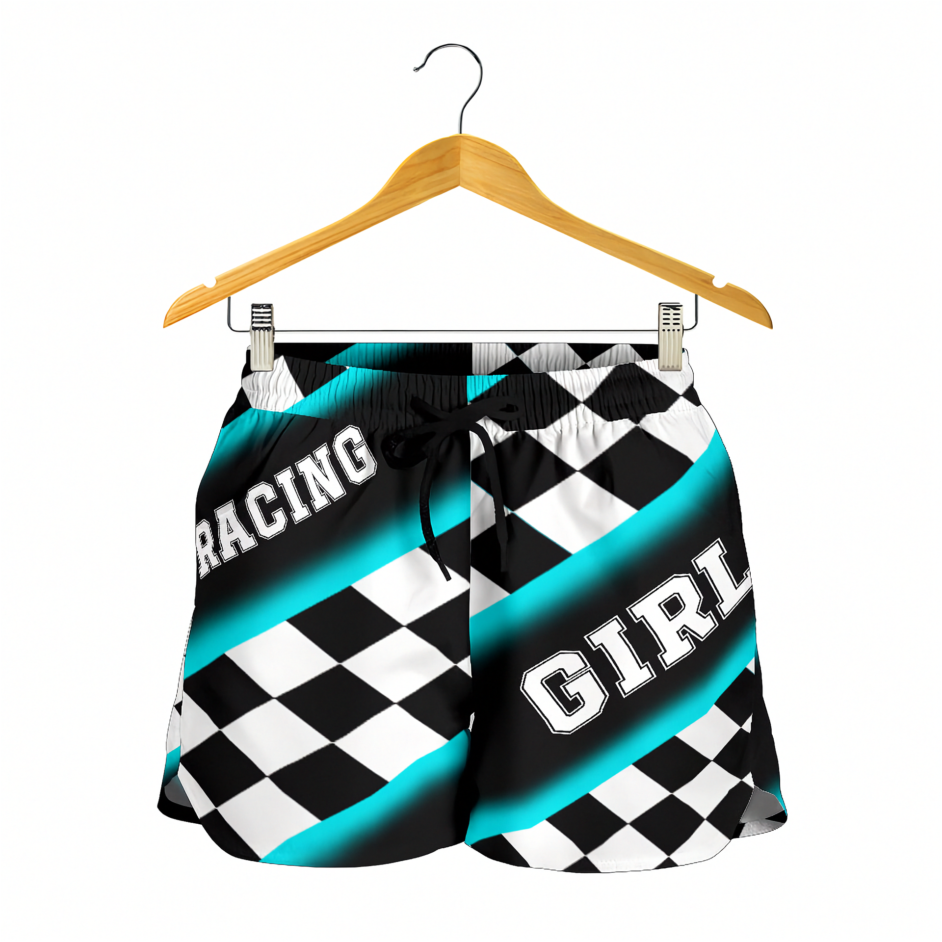 Custom personalized women's Carolina blue racing shorts featuring a light blue and black checkered flag design for trackside motorsports fans.