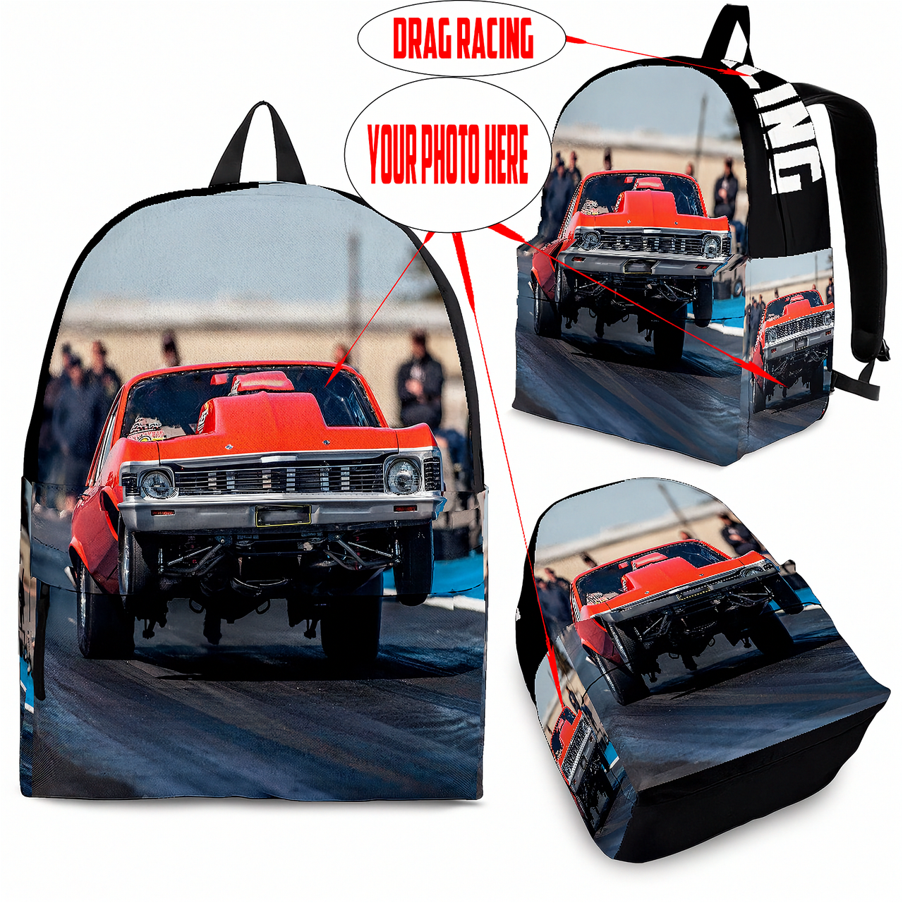 Custom personalized drag racing backpack for kids featuring an orange race car launching at the drag strip for back to school gear.