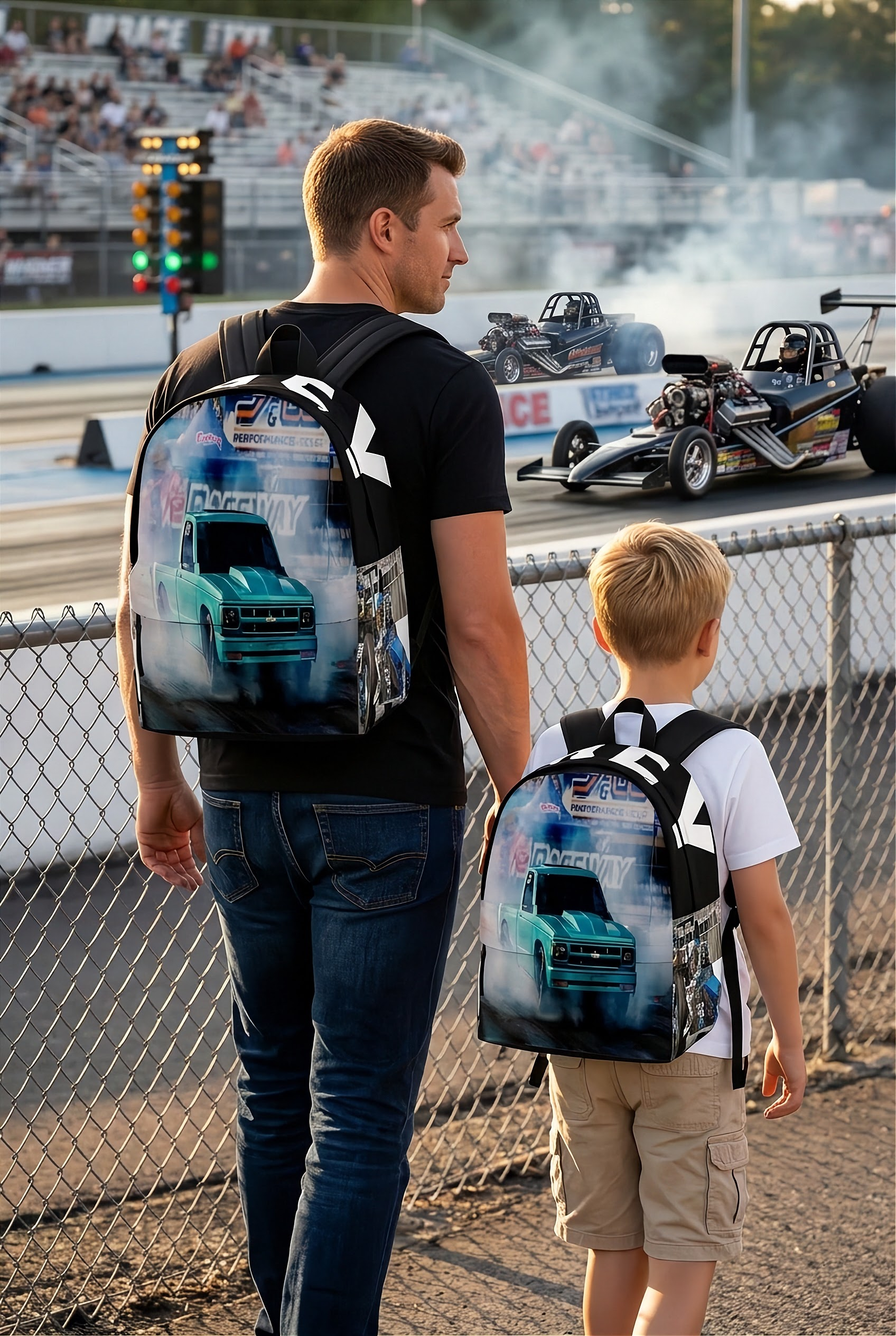 Custom personalized drag racing backpack for kids featuring an orange race car launching at the drag strip for back to school gear.
