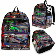 Custom personalized drag racing backpack for kids featuring an orange race car launching at the drag strip for back to school gear.