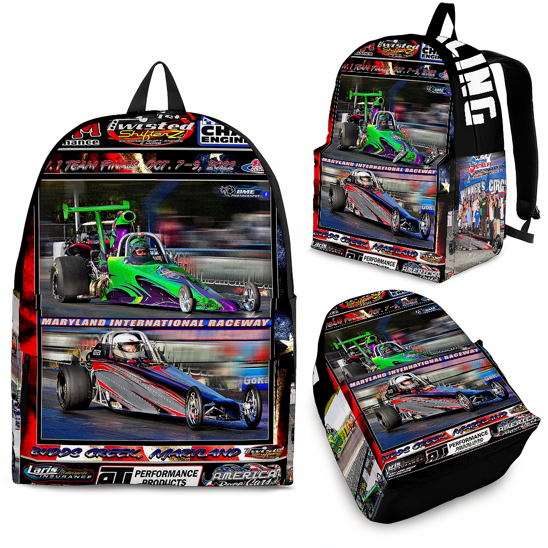 Custom personalized drag racing backpack for kids featuring an orange race car launching at the drag strip for back to school gear.