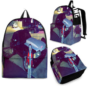 Custom personalized drag racing backpack for kids featuring an orange race car launching at the drag strip for back to school gear.