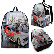 Custom personalized drag racing backpack for kids featuring an orange race car launching at the drag strip for back to school gear.