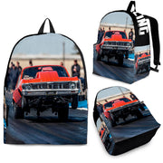 Custom personalized drag racing backpack for kids featuring an orange race car launching at the drag strip for back to school gear.