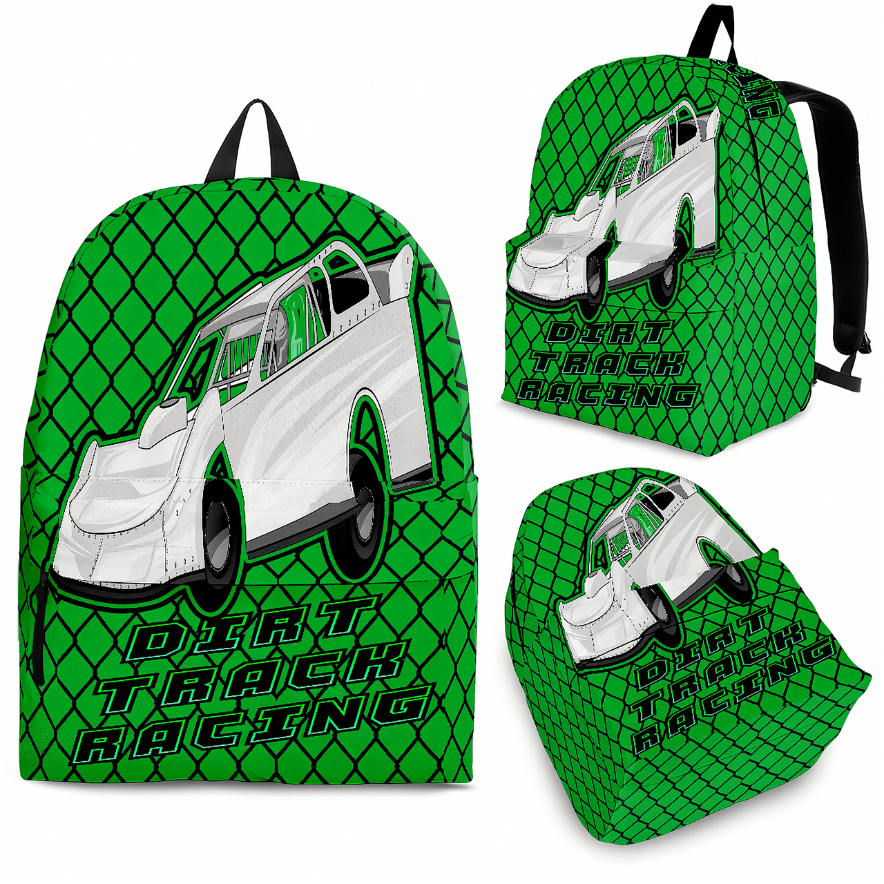 Custom personalized green dirt track racing backpack featuring an aggressive late model stock car graphic for motorsports fans.
