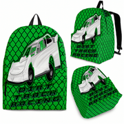 Custom personalized green dirt track racing backpack featuring an aggressive late model stock car graphic for motorsports fans.