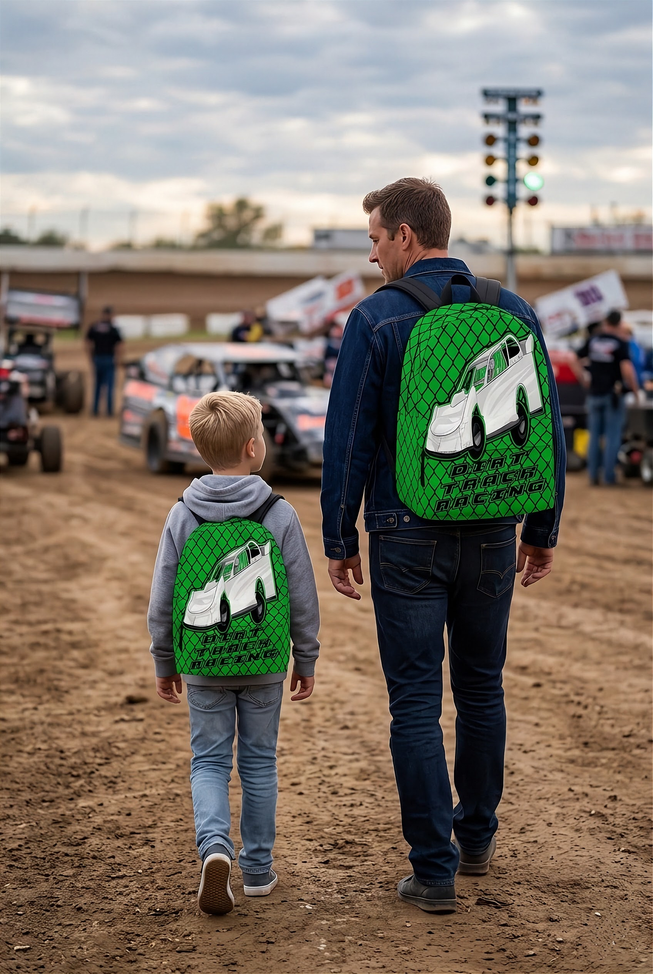 Custom personalized green dirt track racing backpack featuring an aggressive late model stock car graphic for motorsports fans.
