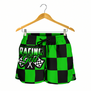 Custom personalized women's green racing shorts featuring a vibrant black and green checkerboard flag pattern for trackside motorsports fans.