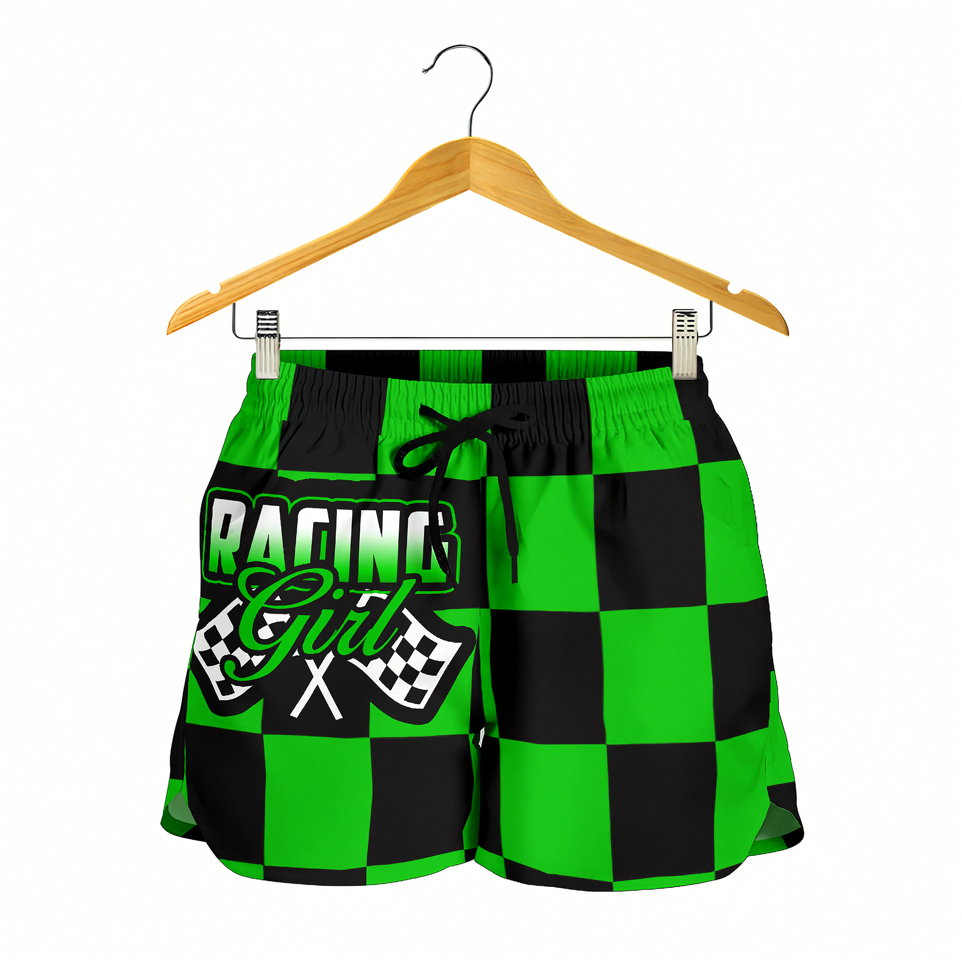 Custom personalized women's green racing shorts featuring a vibrant black and green checkerboard flag pattern for trackside motorsports fans.