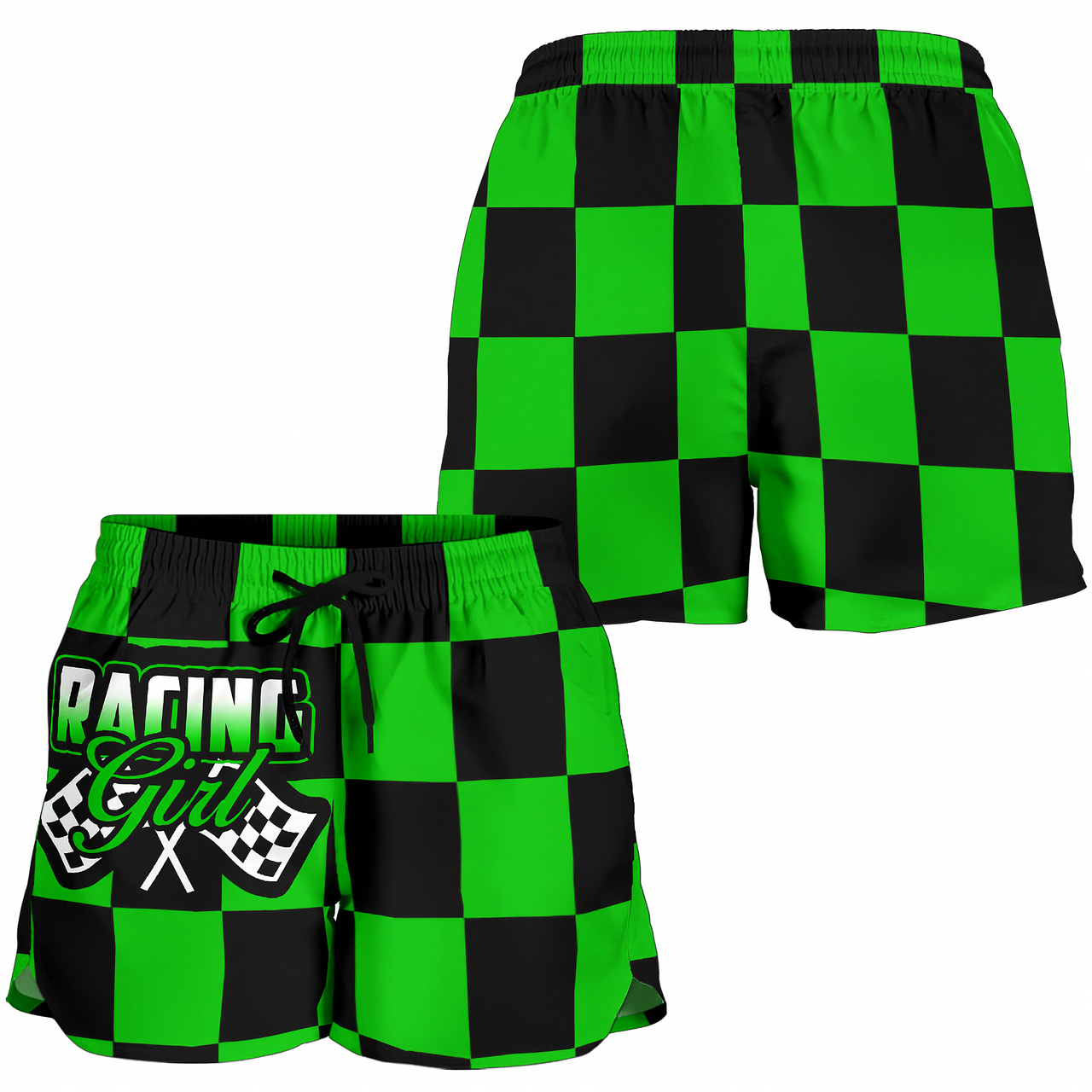Custom personalized women's green racing shorts featuring a vibrant black and green checkerboard flag pattern for trackside motorsports fans.