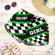 Custom personalized women's green racing shorts featuring a vibrant black and green checkerboard flag pattern for trackside motorsports fans.