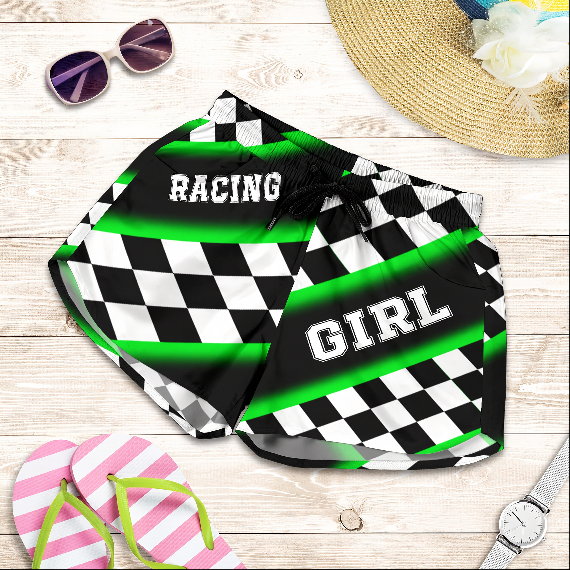 Custom personalized women's green racing shorts featuring a vibrant black and green checkerboard flag pattern for trackside motorsports fans.