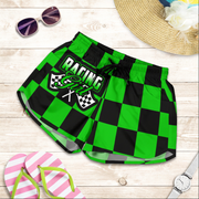Custom personalized women's green racing shorts featuring a vibrant black and green checkerboard flag pattern for trackside motorsports fans.