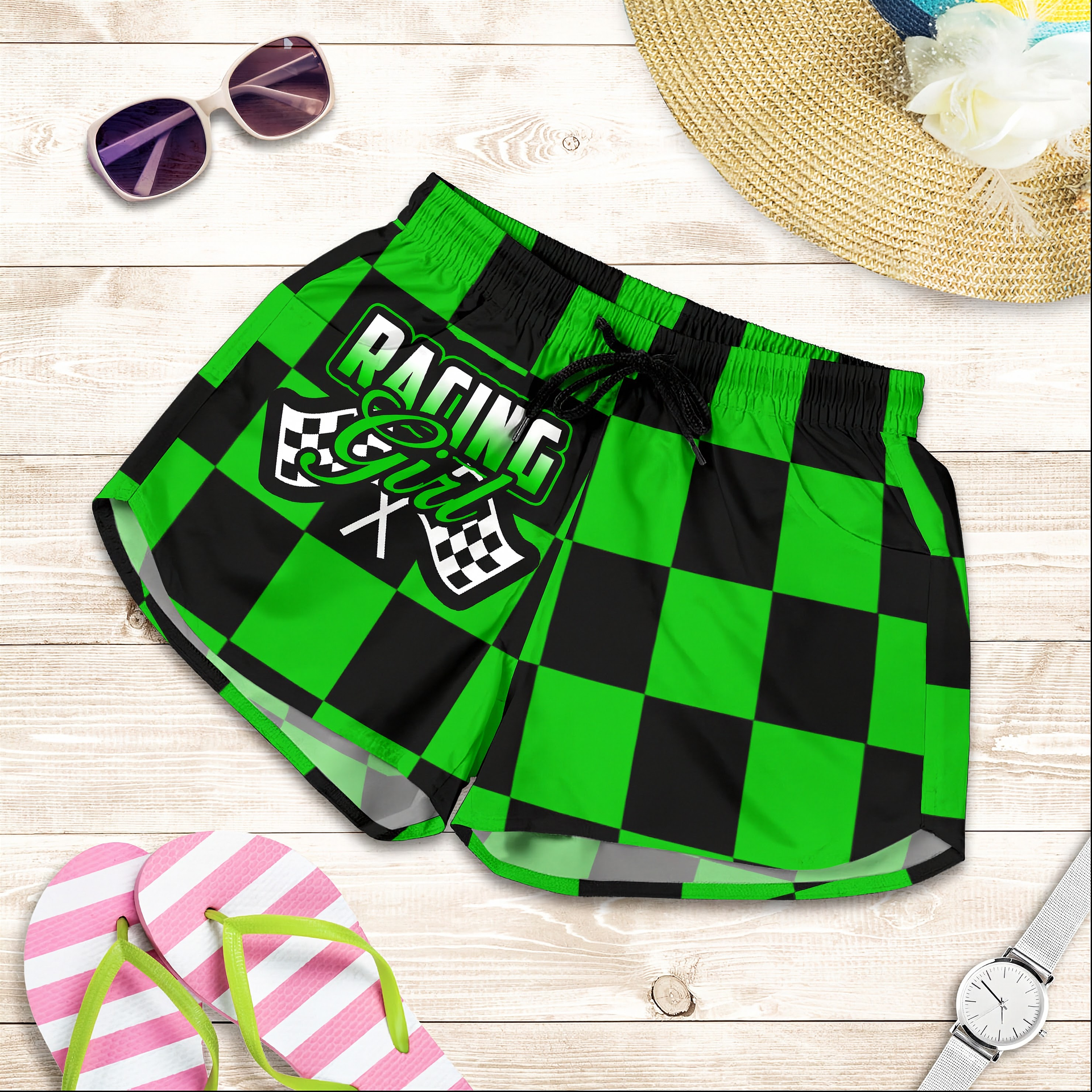 Custom personalized women's green racing shorts featuring a vibrant black and green checkerboard flag pattern for trackside motorsports fans.
