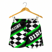 Custom personalized women's green racing shorts featuring a vibrant black and green checkerboard flag pattern for trackside motorsports fans.