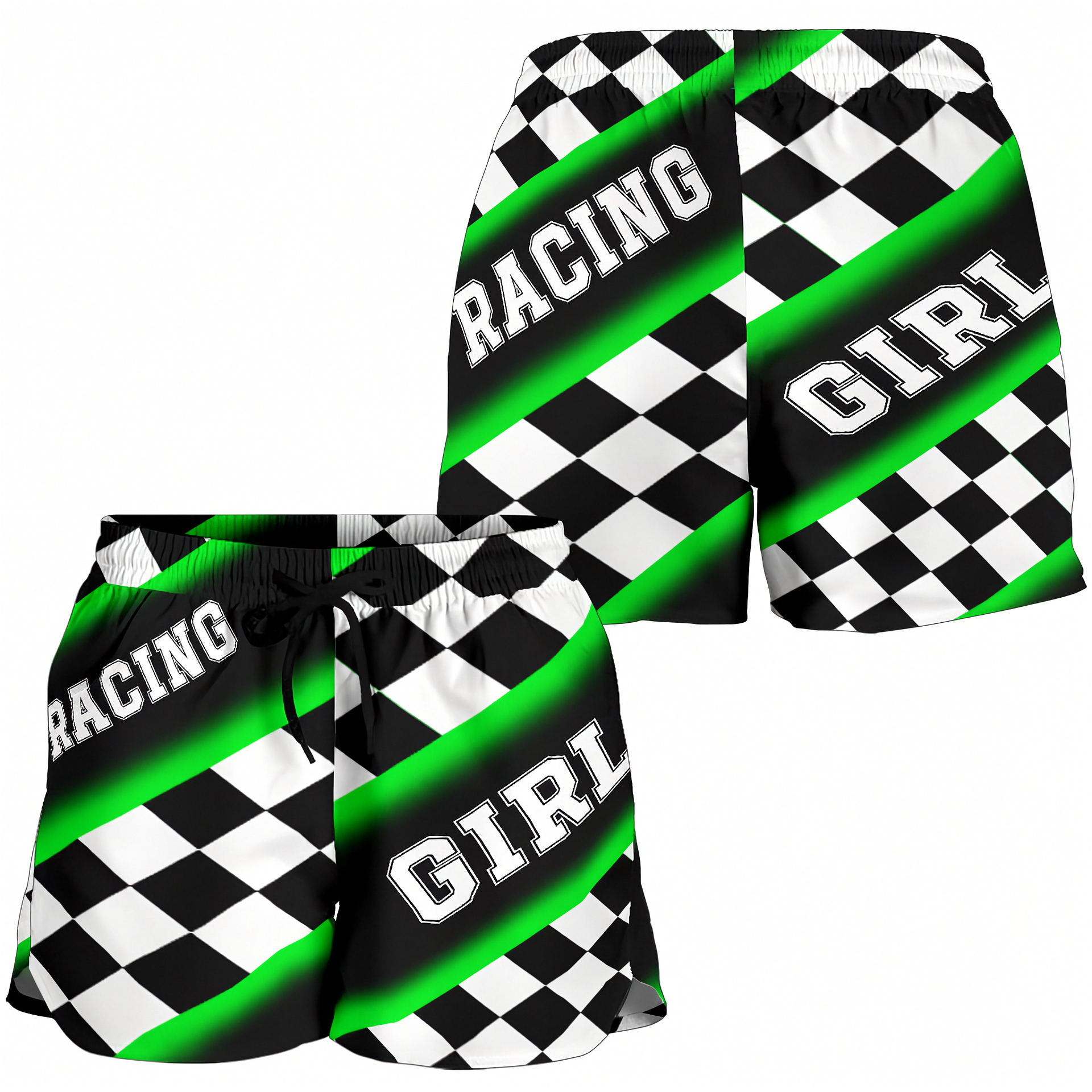 Custom personalized women's green racing shorts featuring a vibrant black and green checkerboard flag pattern for trackside motorsports fans.