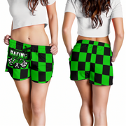 Custom personalized women's green racing shorts featuring a vibrant black and green checkerboard flag pattern for trackside motorsports fans.