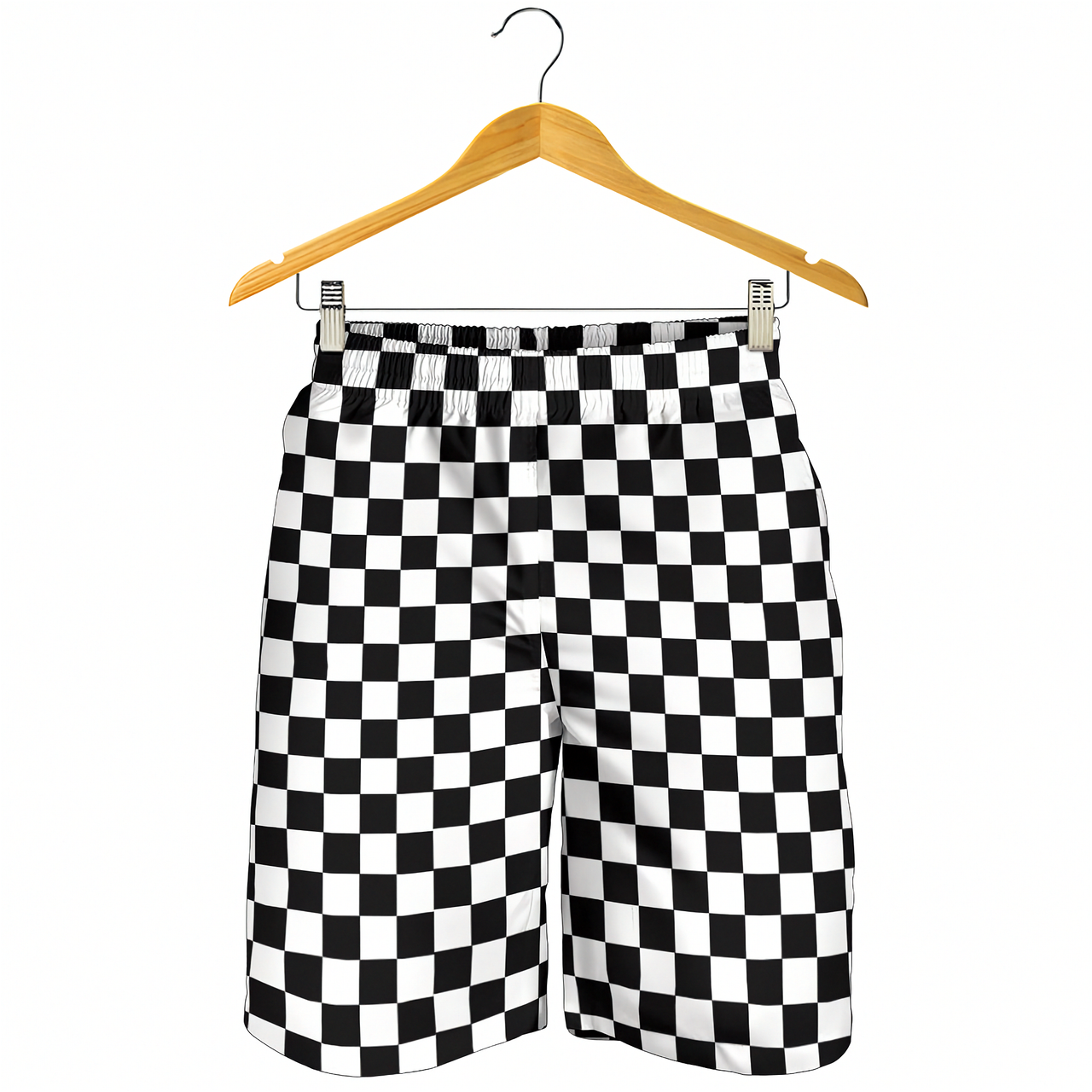 Custom personalized men's racing shorts with black and white checkered flag pattern for track day motorsports fans.