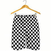 Custom personalized men's racing shorts with black and white checkered flag pattern for track day motorsports fans.