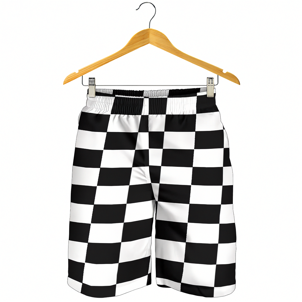 Custom personalized men's racing shorts with black and white checkered flag pattern for track day motorsports fans.