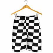 Custom personalized men's racing shorts with black and white checkered flag pattern for track day motorsports fans.