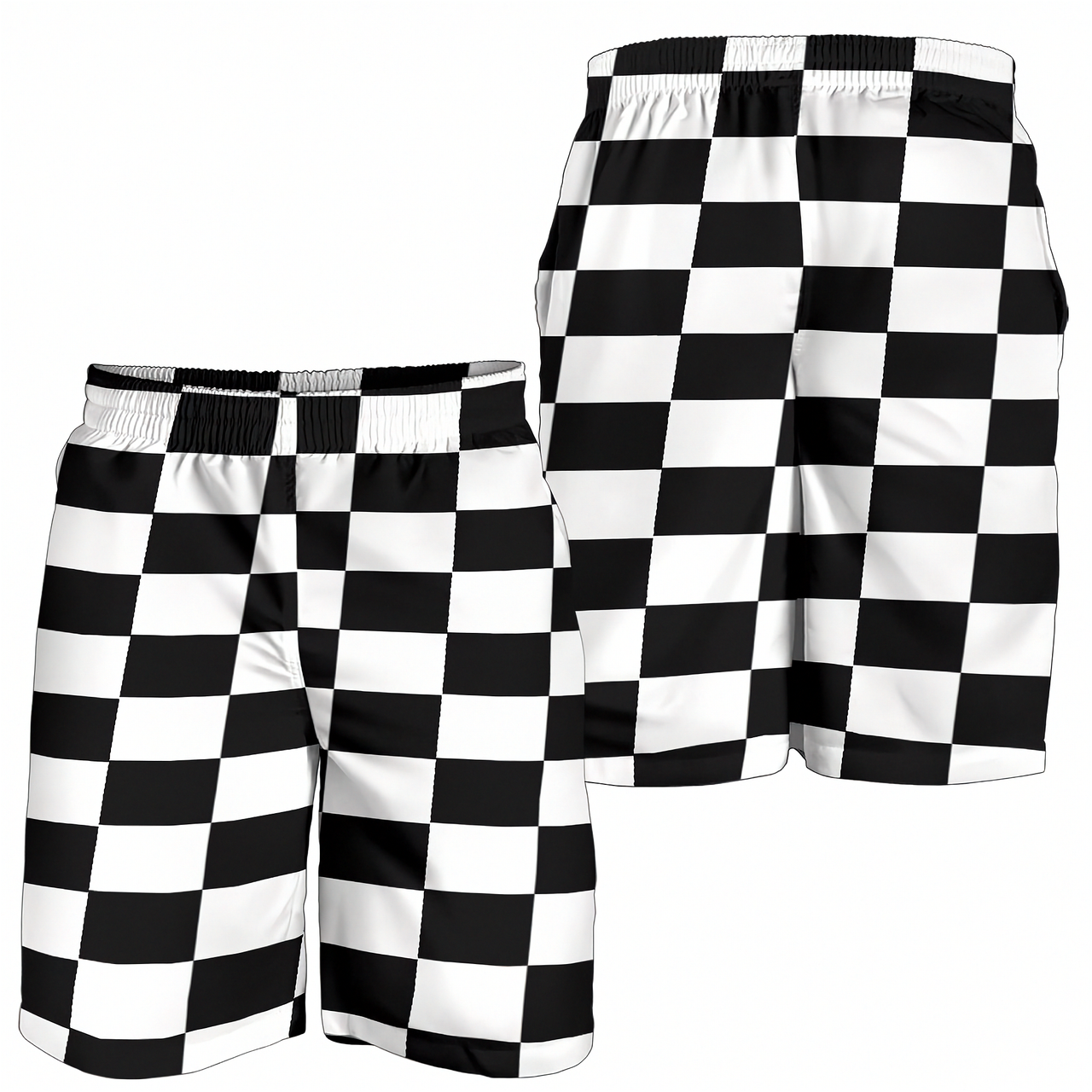 Custom personalized men's racing shorts with black and white checkered flag pattern for track day motorsports fans.