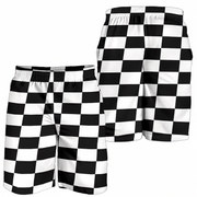 Custom personalized men's racing shorts with black and white checkered flag pattern for track day motorsports fans.