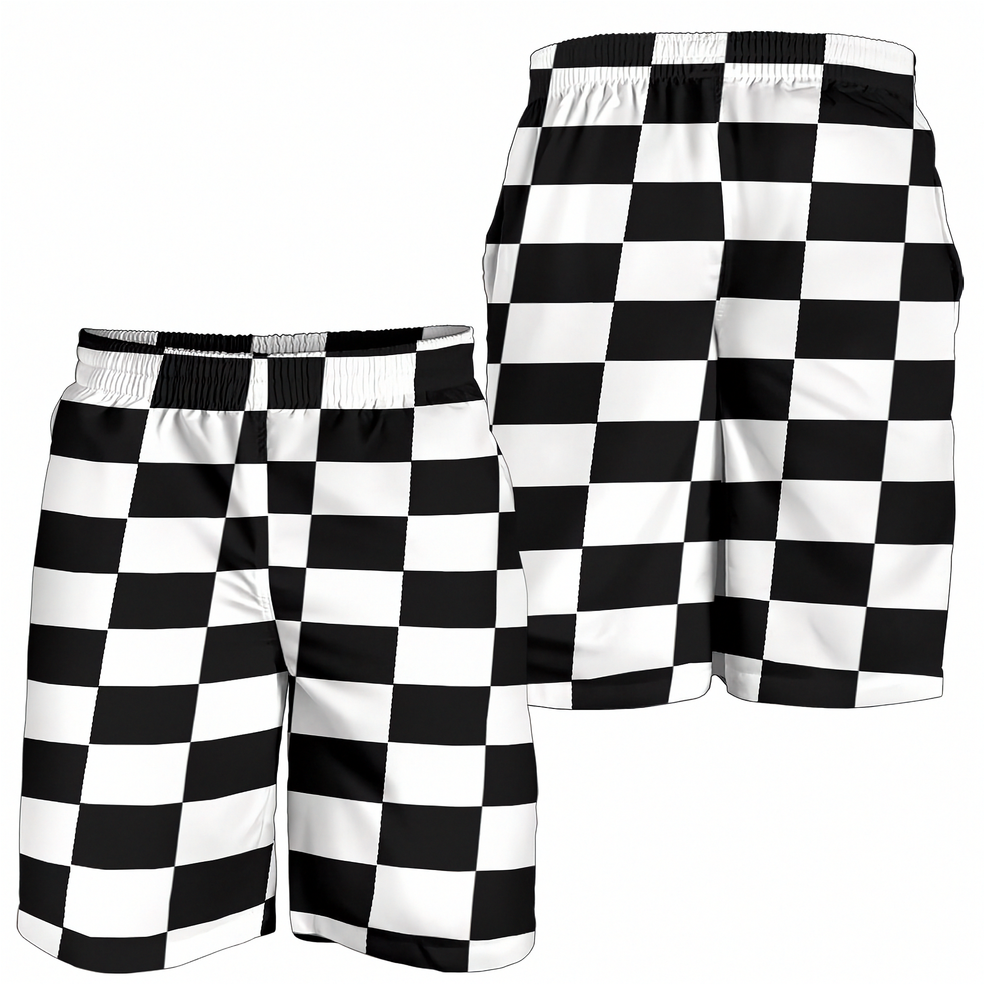 Custom personalized men's racing shorts with black and white checkered flag pattern for track day motorsports fans.