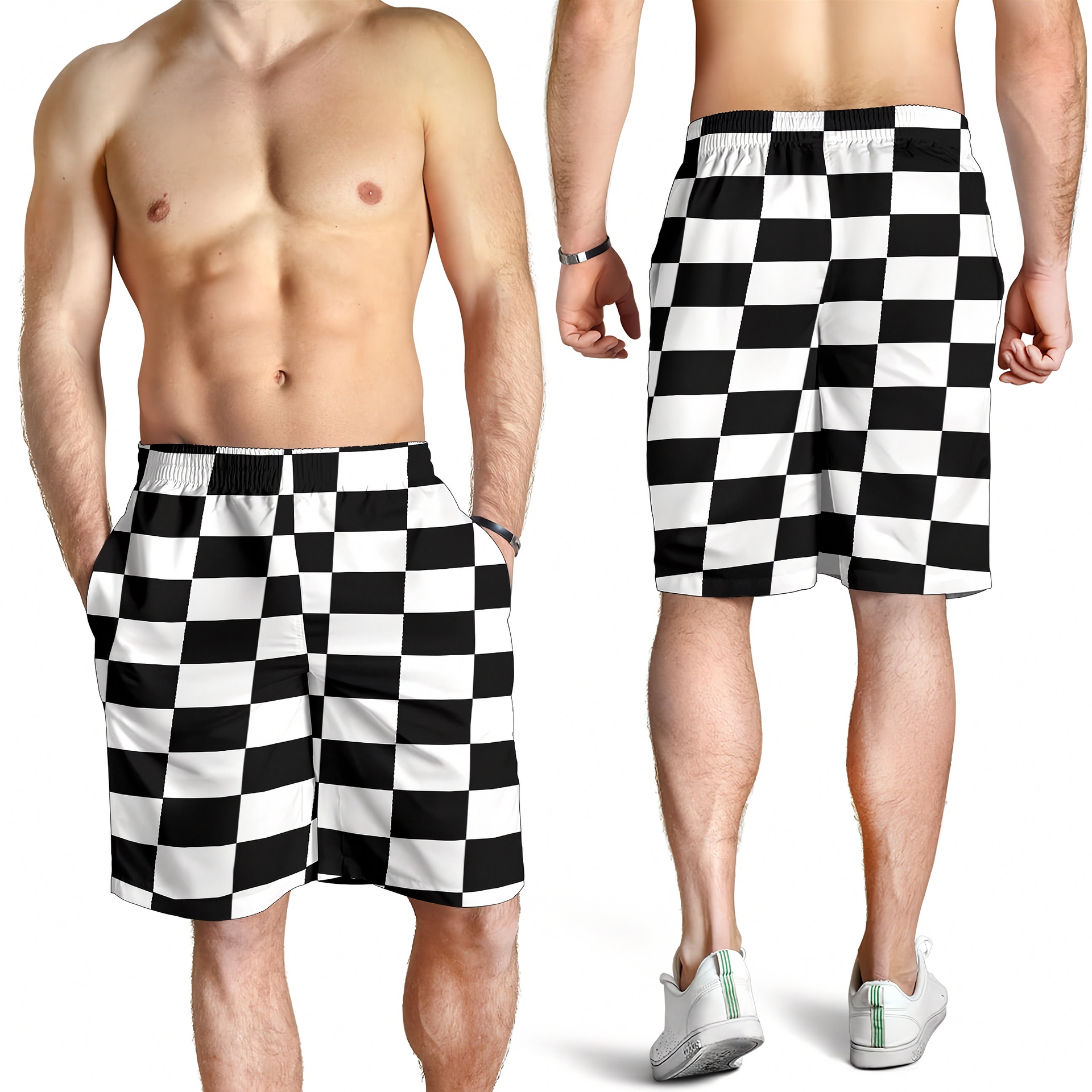 Custom personalized men's racing shorts with black and white checkered flag pattern for track day motorsports fans.
