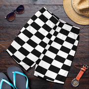 Custom personalized men's racing shorts with black and white checkered flag pattern for track day motorsports fans.