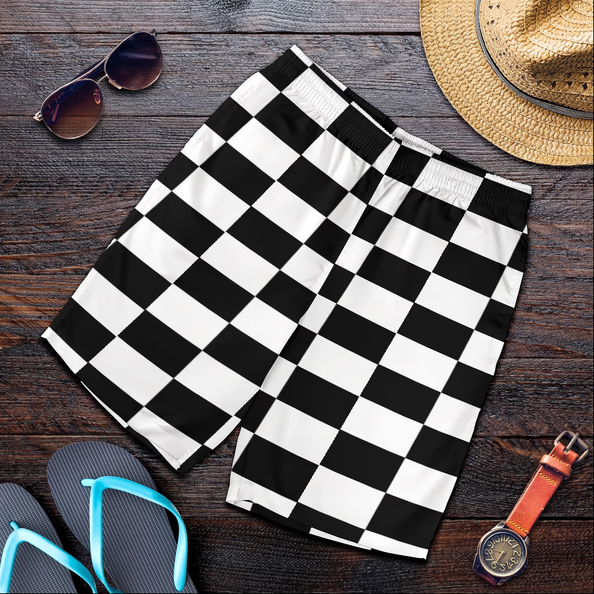Custom personalized men's racing shorts with black and white checkered flag pattern for track day motorsports fans.