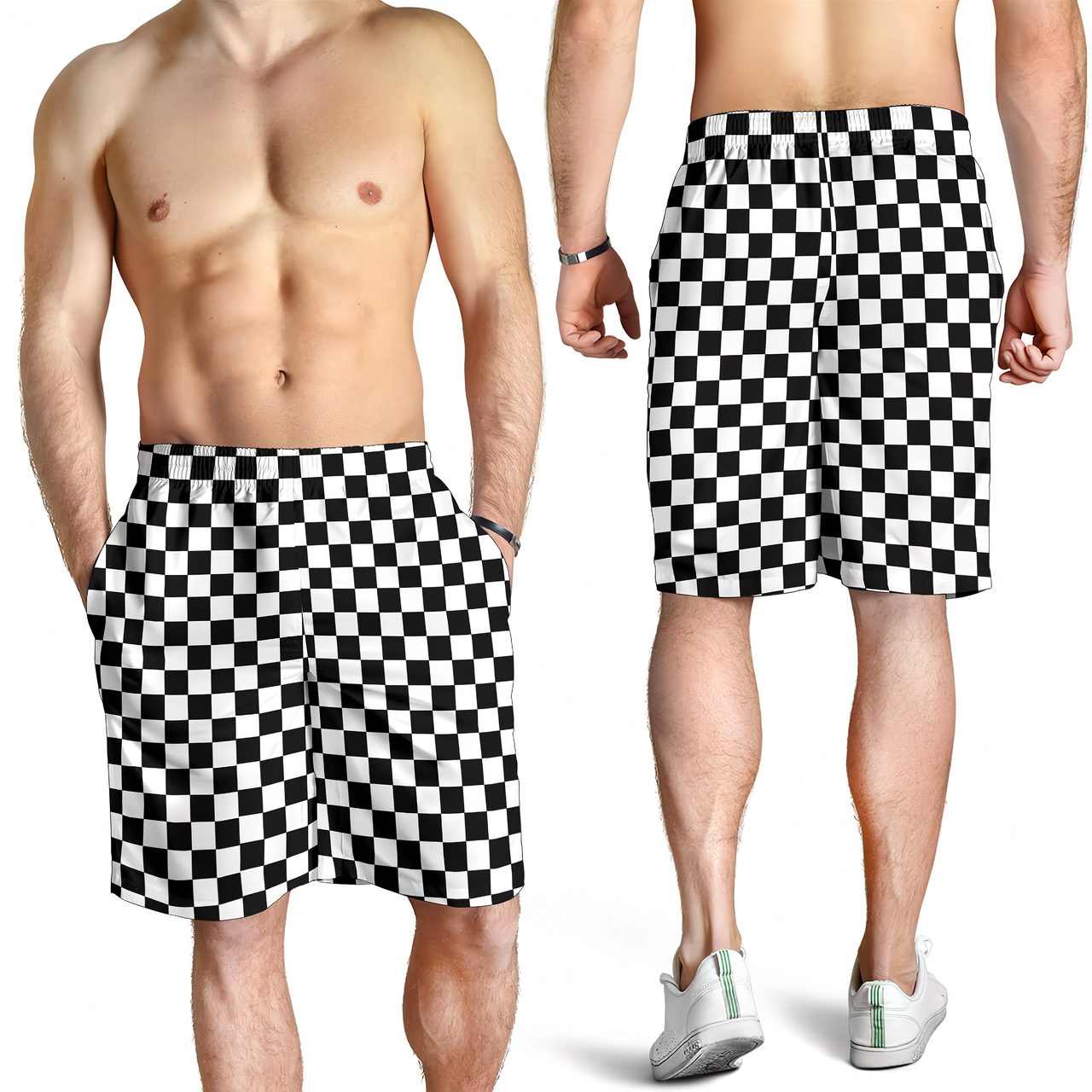 Custom personalized men's racing shorts with black and white checkered flag pattern for track day motorsports fans.