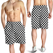 Custom personalized men's racing shorts with black and white checkered flag pattern for track day motorsports fans.