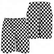 Custom personalized men's racing shorts with black and white checkered flag pattern for track day motorsports fans.