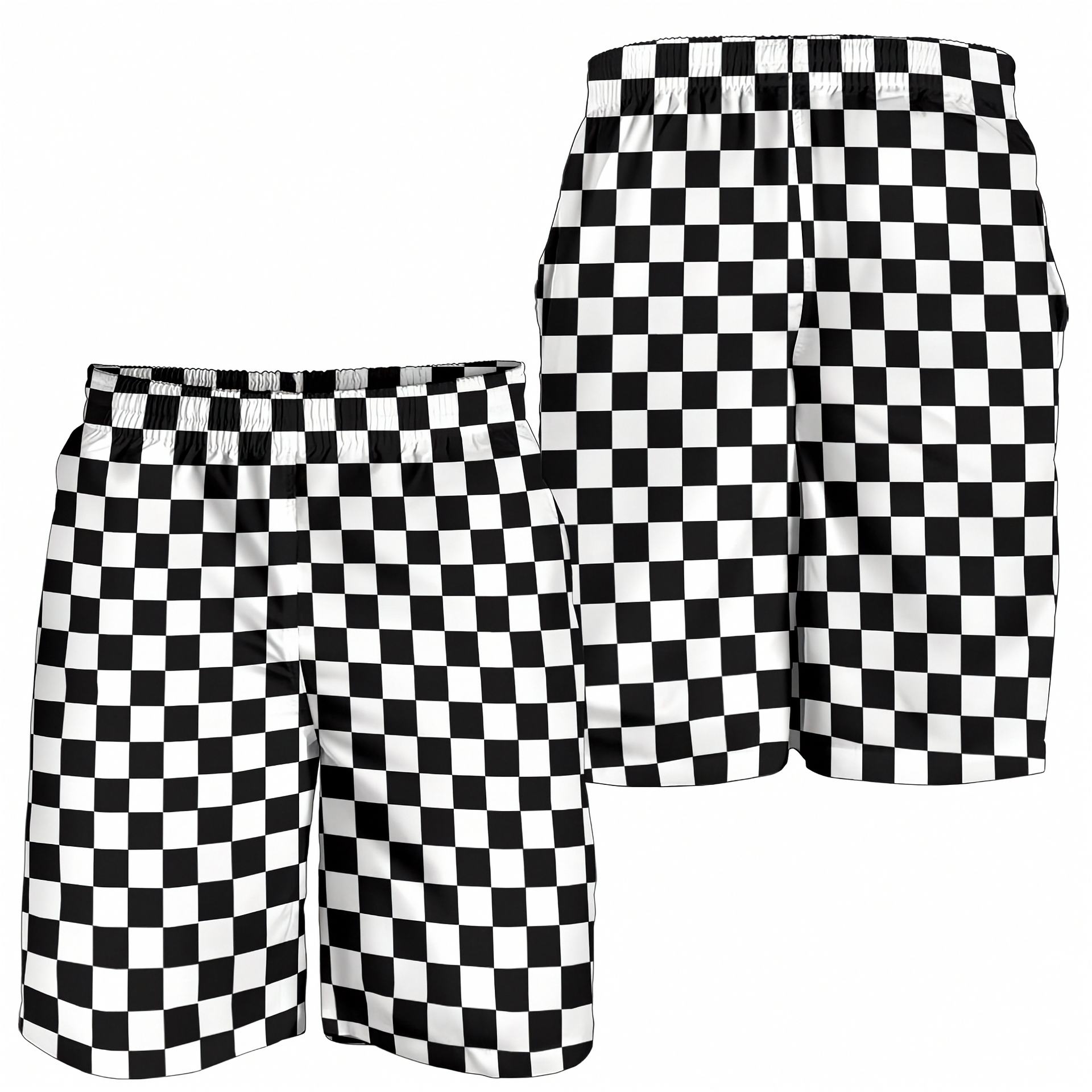 Custom personalized men's racing shorts with black and white checkered flag pattern for track day motorsports fans.