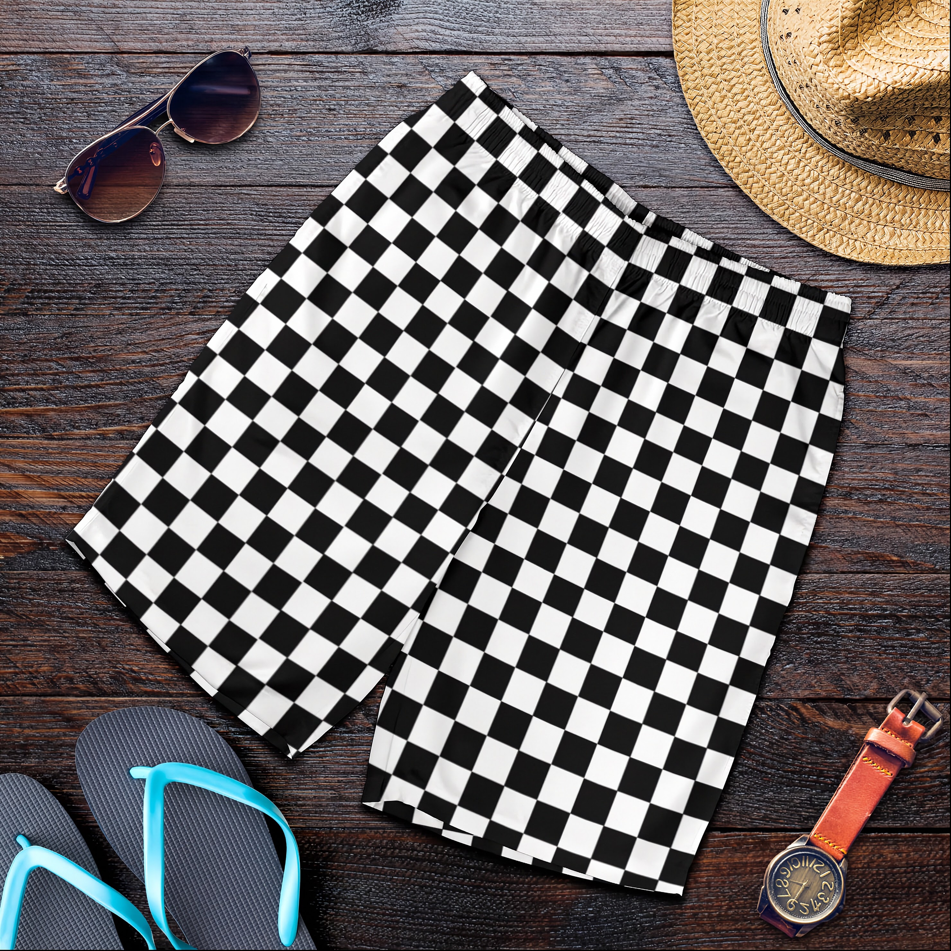 Custom personalized men's racing shorts with black and white checkered flag pattern for track day motorsports fans.