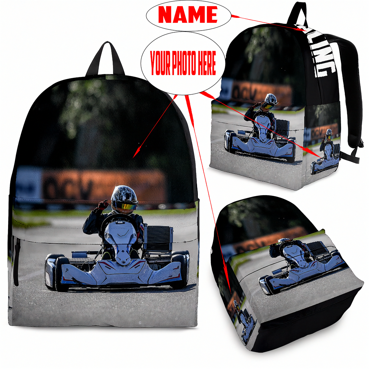 Custom personalized non-wing sprint car racing backpack for kids back to school trackside gear bag.