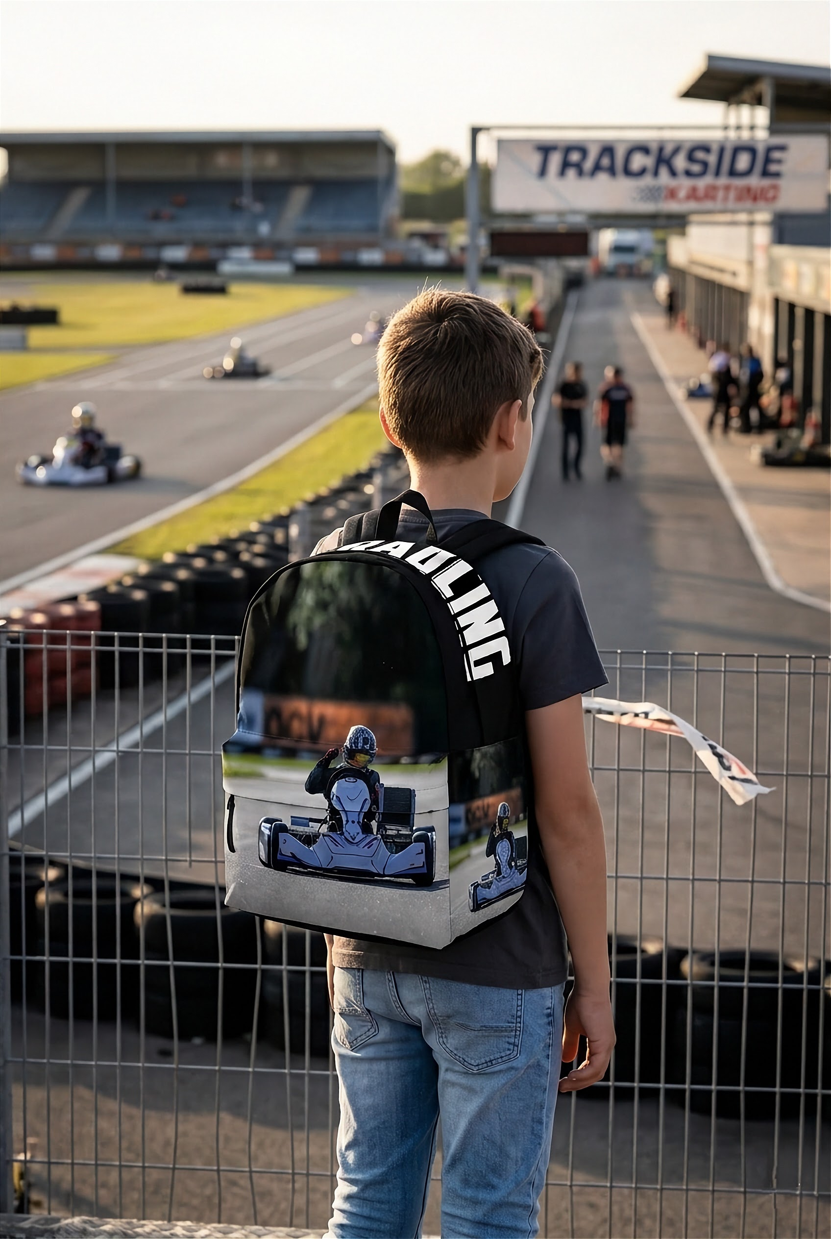 Custom personalized non-wing sprint car racing backpack for kids back to school trackside gear bag.