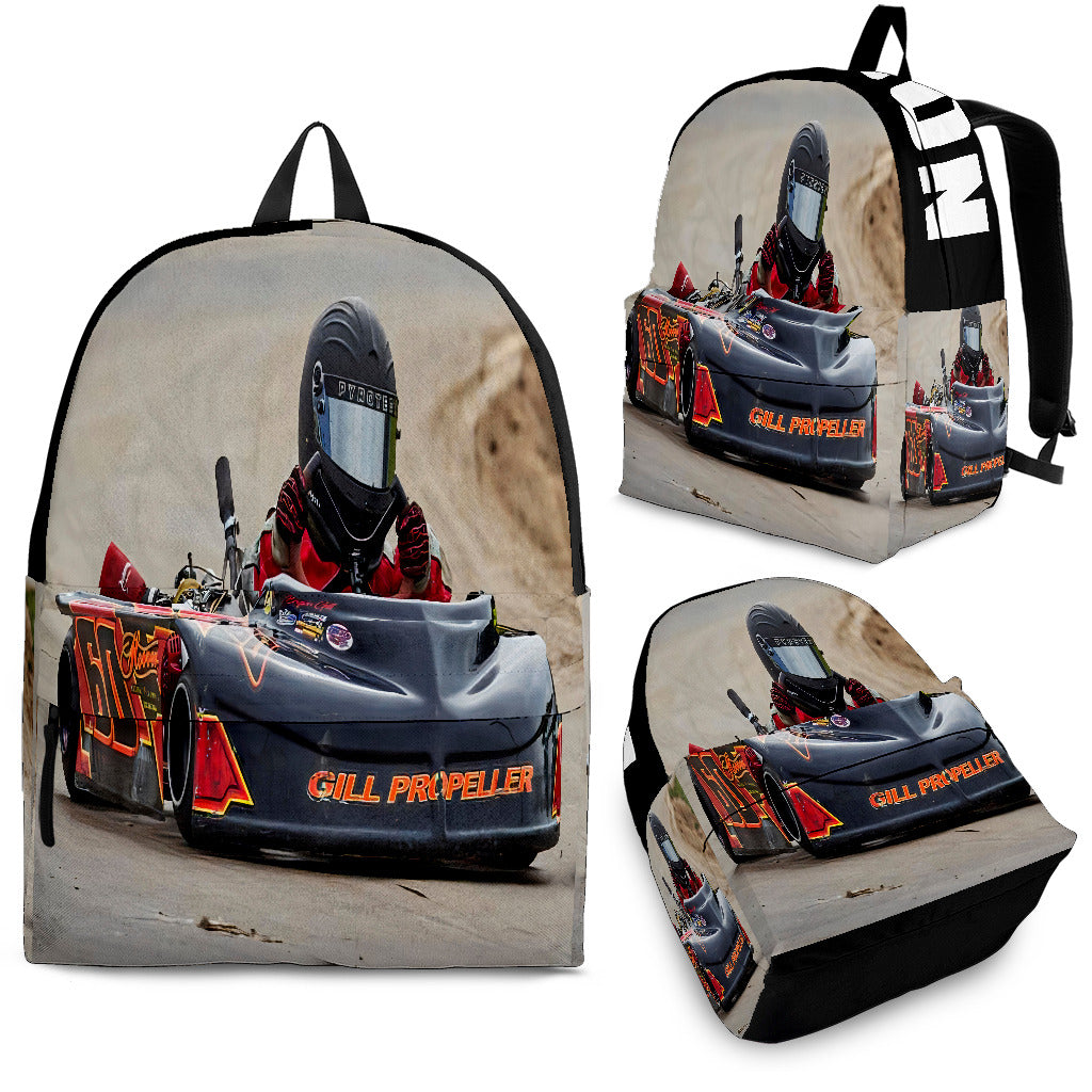 Custom personalized non-wing sprint car racing backpack for kids back to school trackside gear bag.