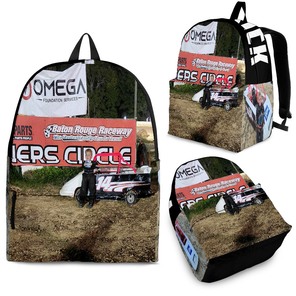 Custom personalized non-wing sprint car racing backpack for kids back to school trackside gear bag.