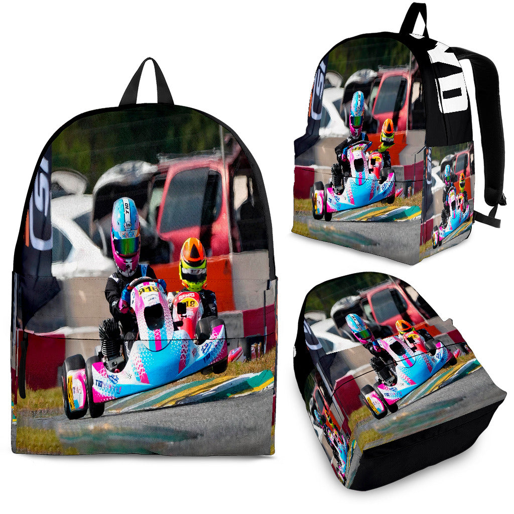 Custom personalized non-wing sprint car racing backpack for kids back to school trackside gear bag.