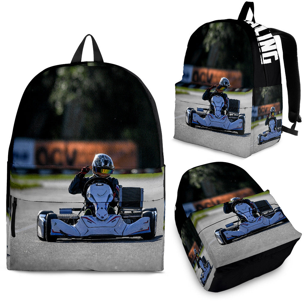 Custom personalized non-wing sprint car racing backpack for kids back to school trackside gear bag.
